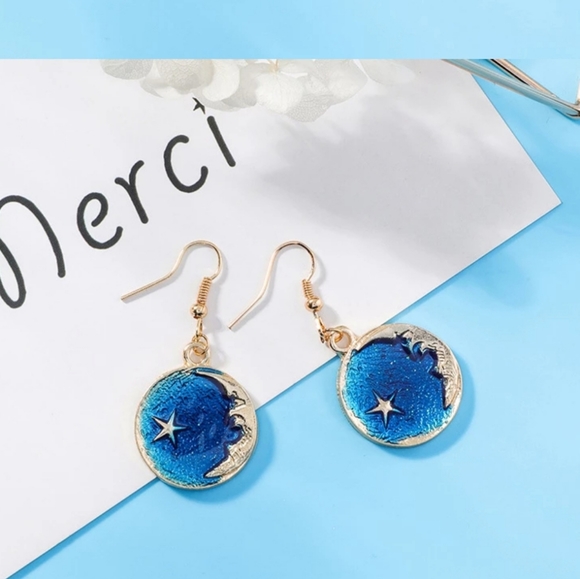 Jewelry - Moon blue universe star dangle earrings 2/20$